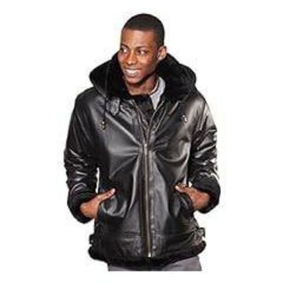 Wilda Other - Wilda Men's B-3 Bomber Leather Jacket Faux Fur Lining removable hood black 3XL